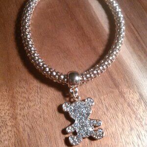 White Austrian Crystal Teddy Bear Goldtone Stretch Bracelet